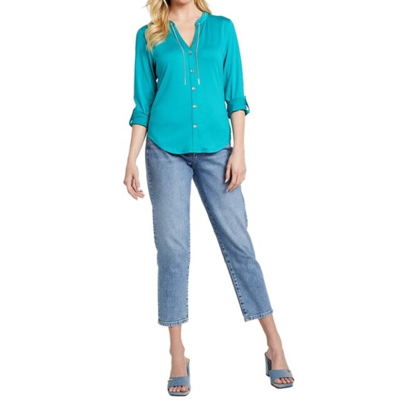 Guess NWT Teal Button-Up Blouse with golden chain details size S. - Picture 4 of 10
